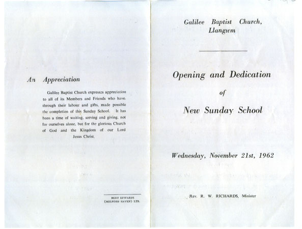 Copy of a photograph of the Opening and Dedication of New Sunday School Wednesday November 21st 1962